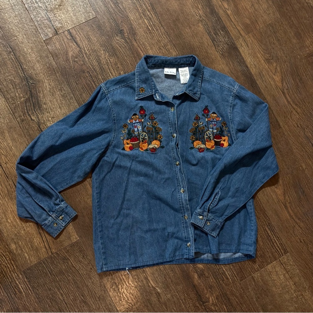 Vintage denim fall embroidered button down shirt